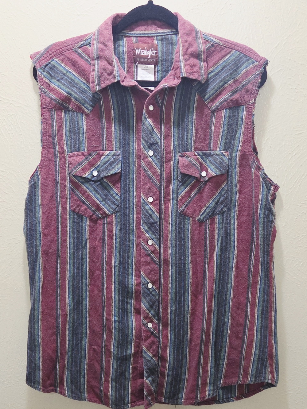 Wrangler Western Shirt Vest Men’s L Striped Pearl Snap Sleeveless 100% Cotton